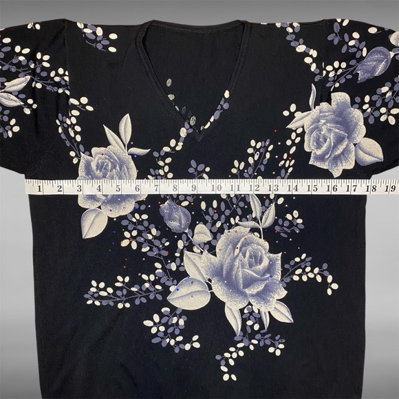 Black V-Neck Top with Floral Design and Multicoloured Embellishments - Picture 3 of 7